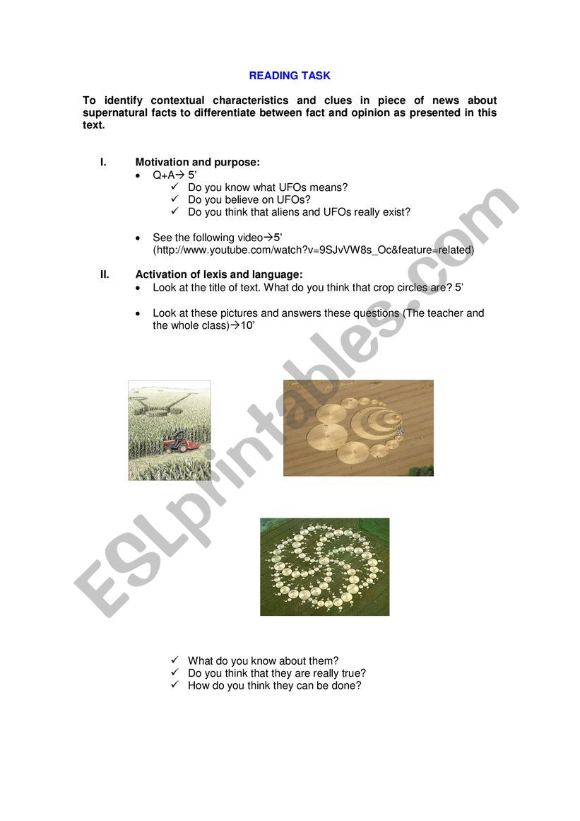 READING TASK ABOUT CROP CIRCLES IN UK
