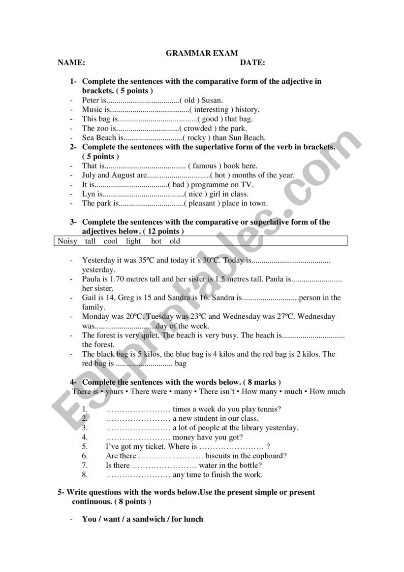 grammar test worksheet