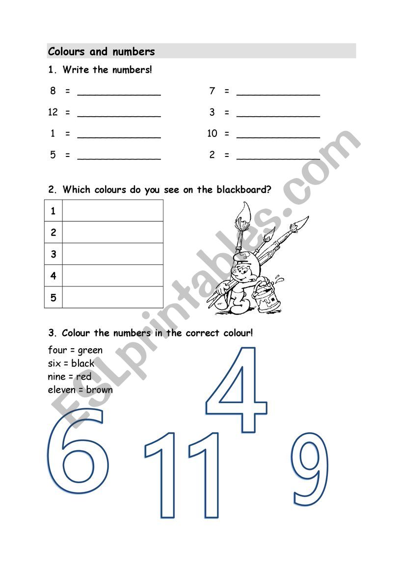 Colours and numbers worksheet