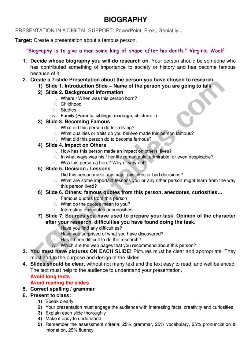 Speaking a Biography worksheet