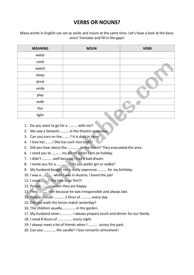 verbs or nouns? worksheet