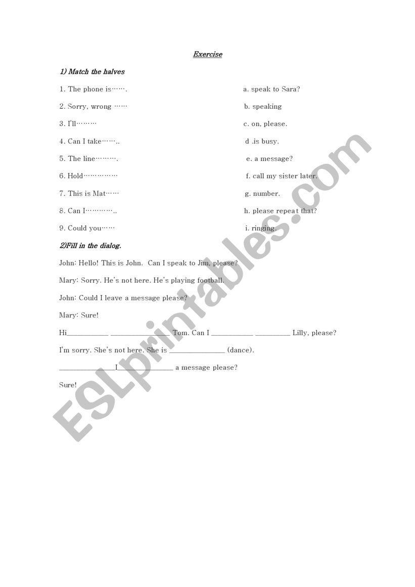 Telephone dialogue worksheet