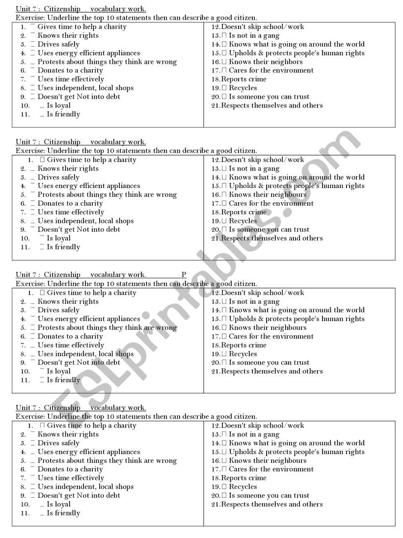 citizenship ideas worksheet