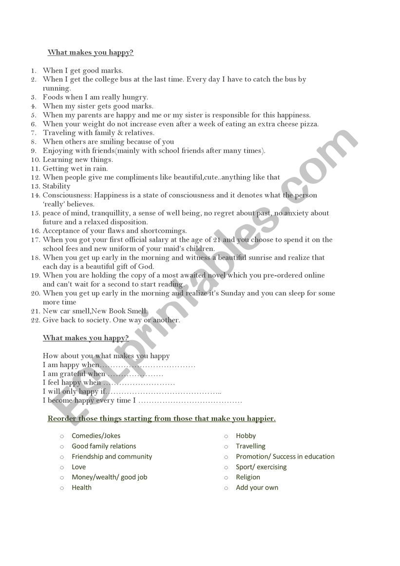 happiness  worksheet