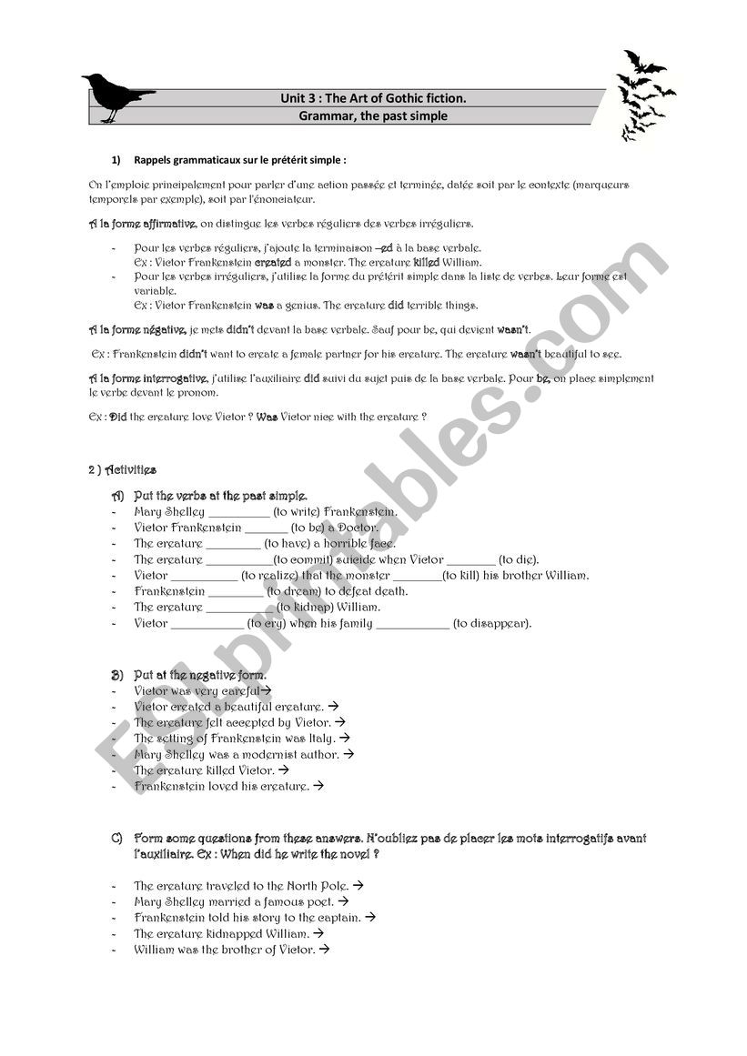 Gothic fiction grammar worksheet