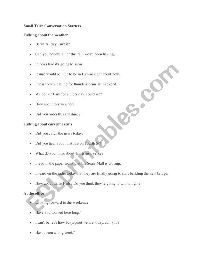 Small Talk Sentence Starters worksheet