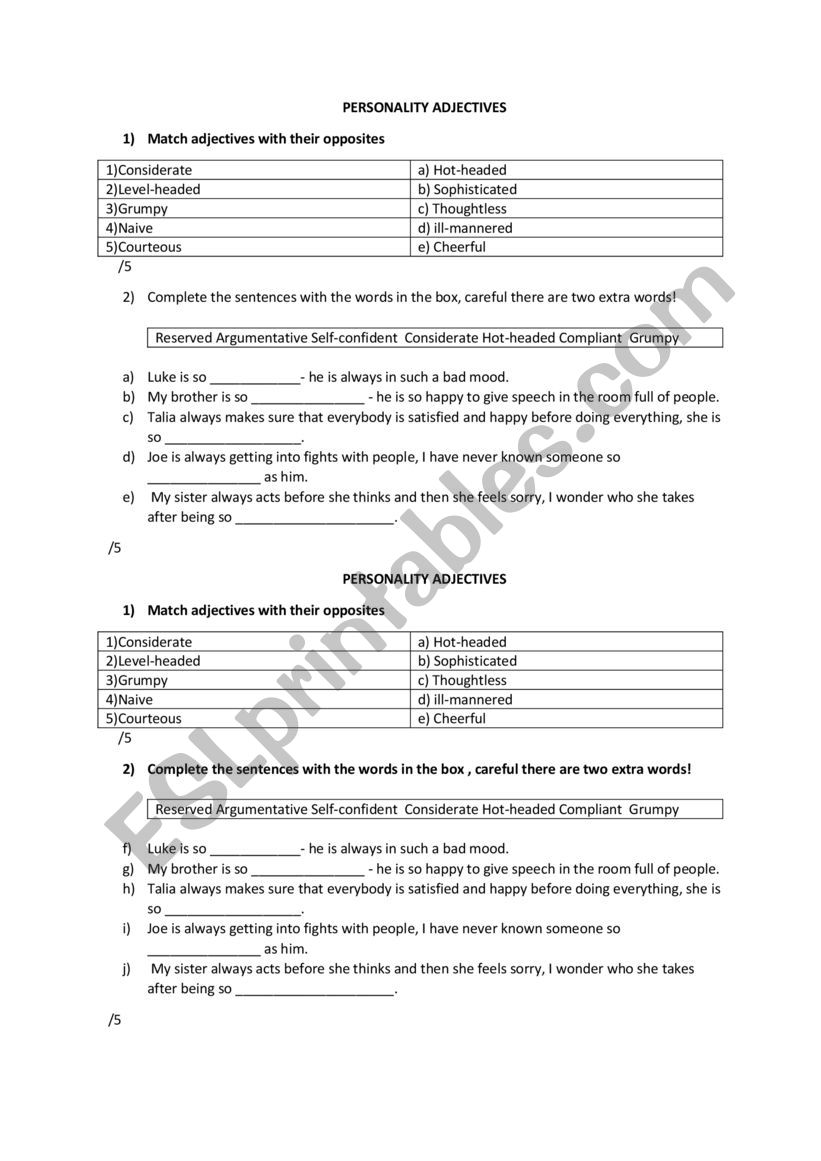Personality adjectives  worksheet
