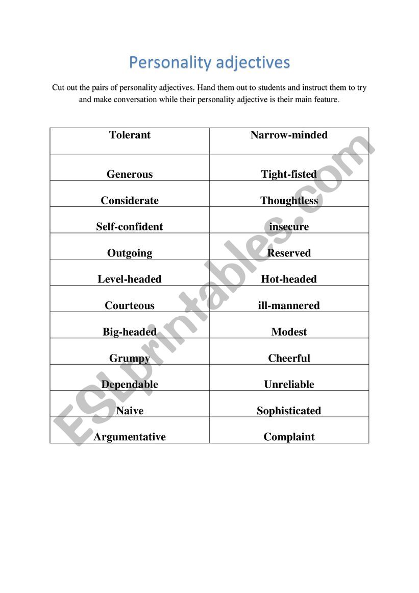 Personality adjectives (speaking exercise) 