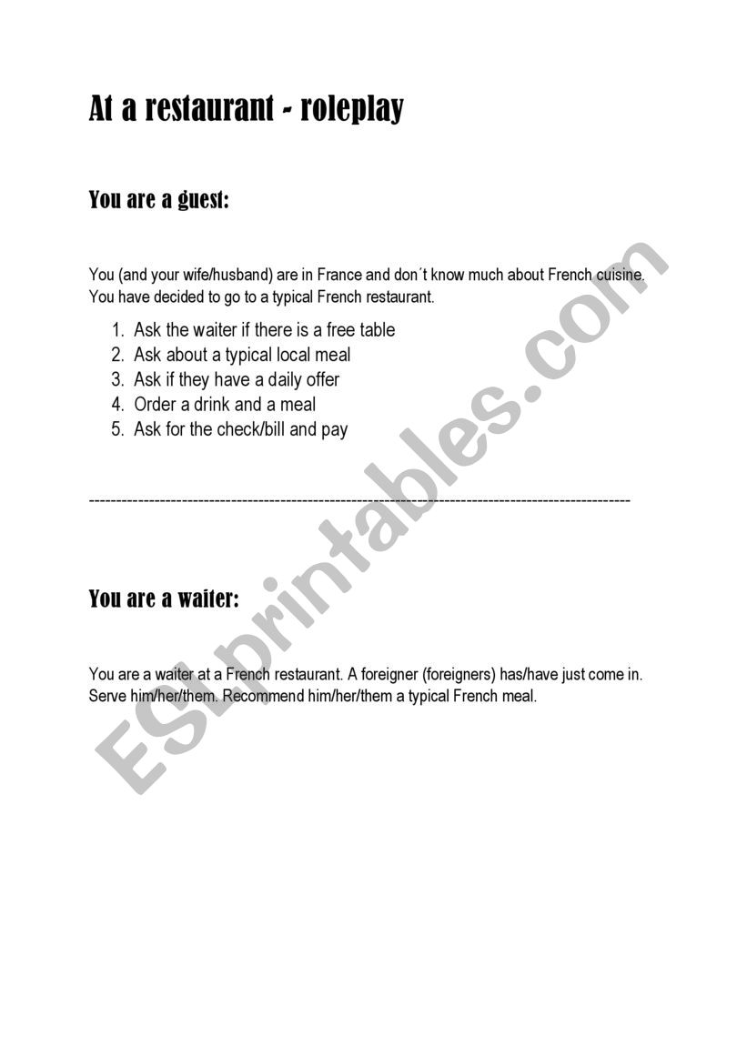 At a restaurant - roleplay worksheet