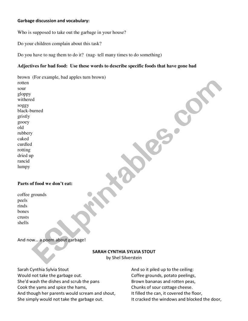 Garbage Poem worksheet