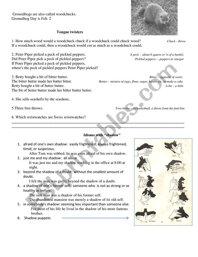 Groundhog Day:  tongue twisters and shadow idioms