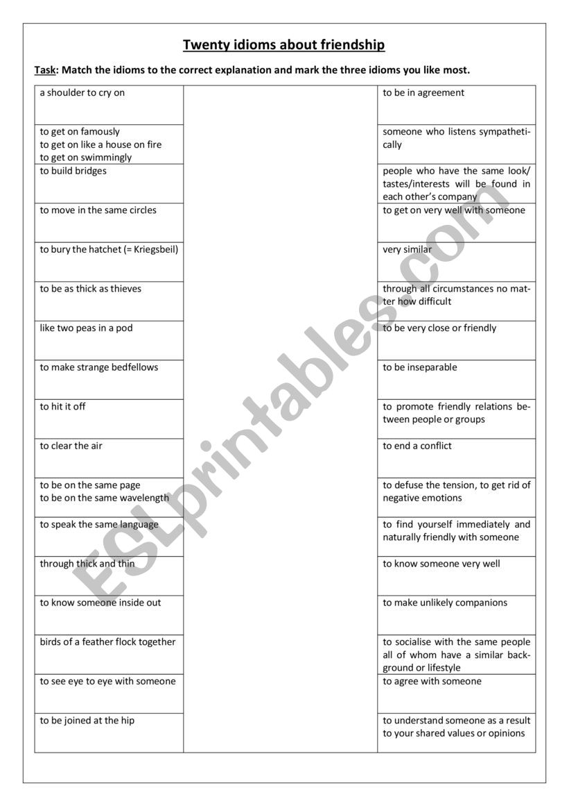 Idioms about Friendship worksheet