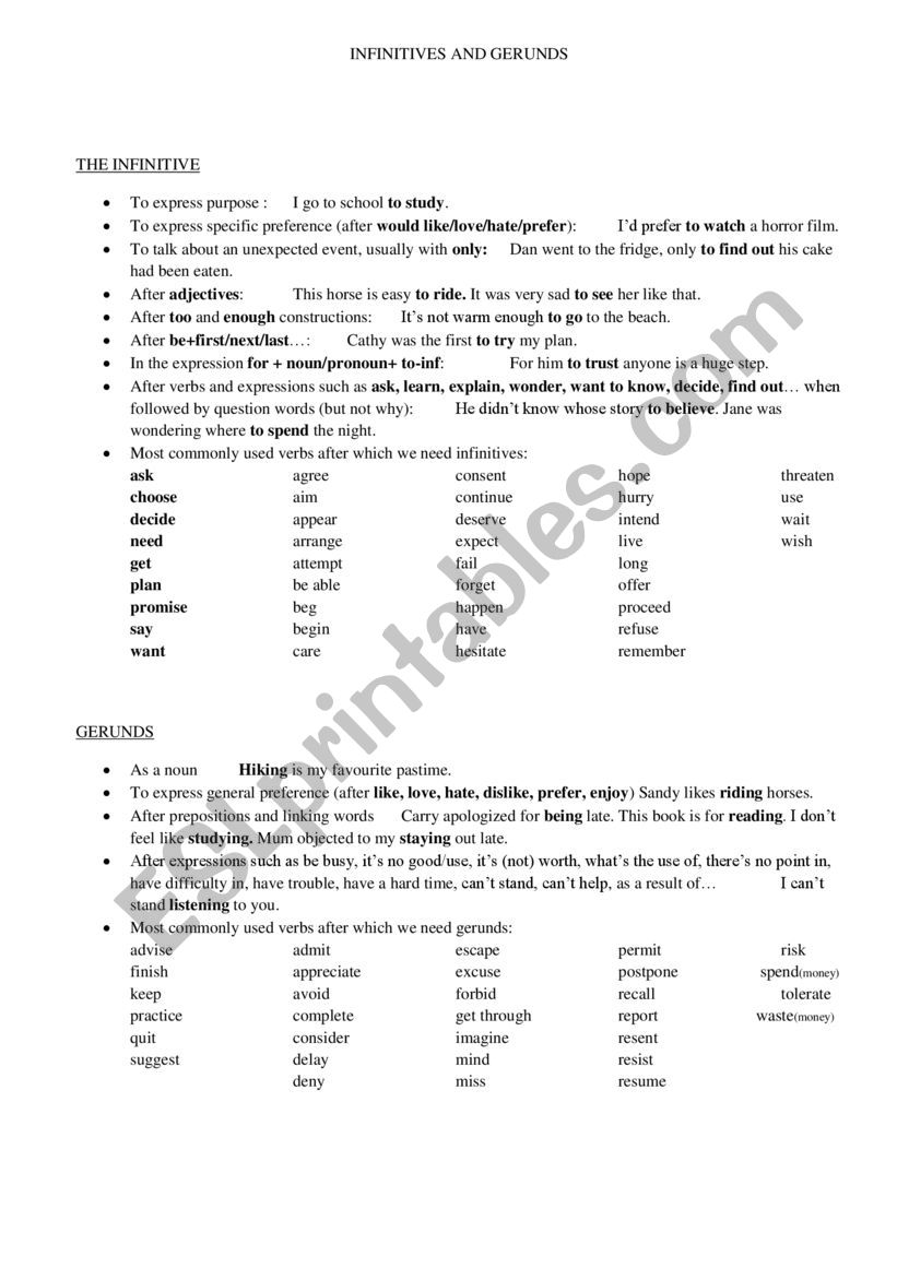 Gerunds and Infinitives worksheet