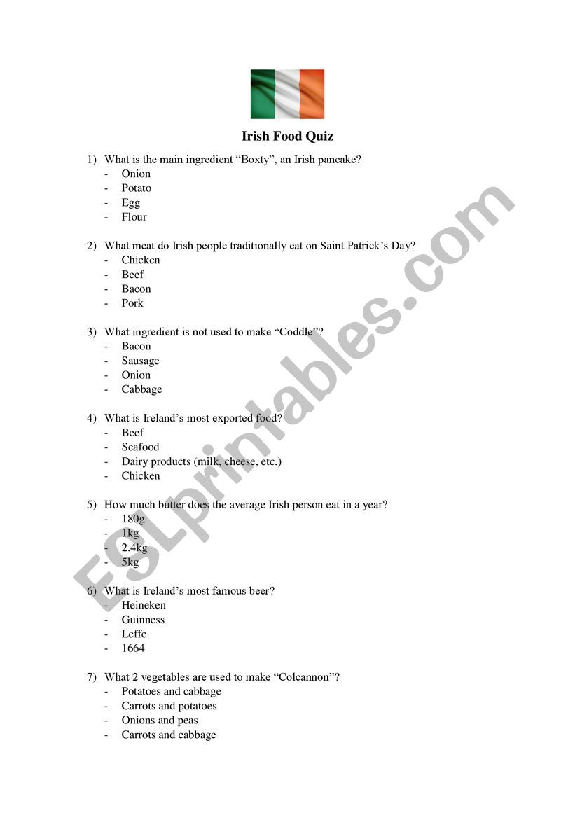 Irish Food Quiz worksheet