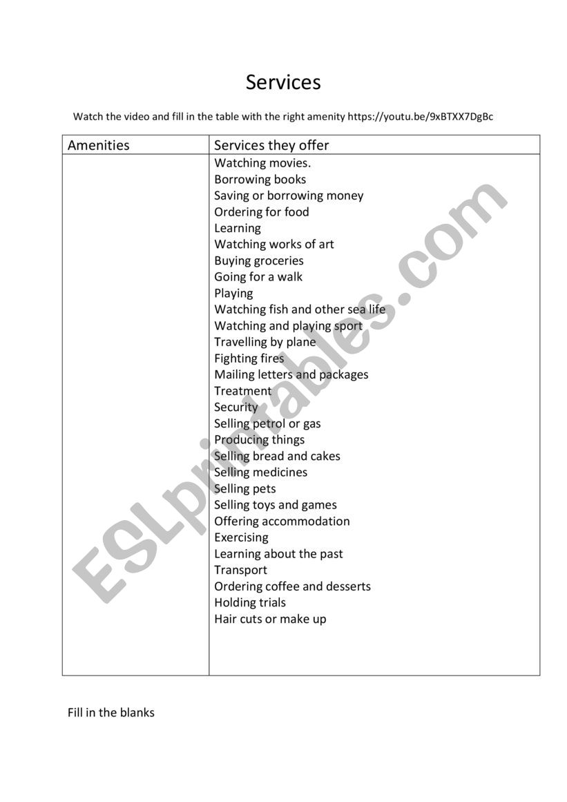 Services worksheet