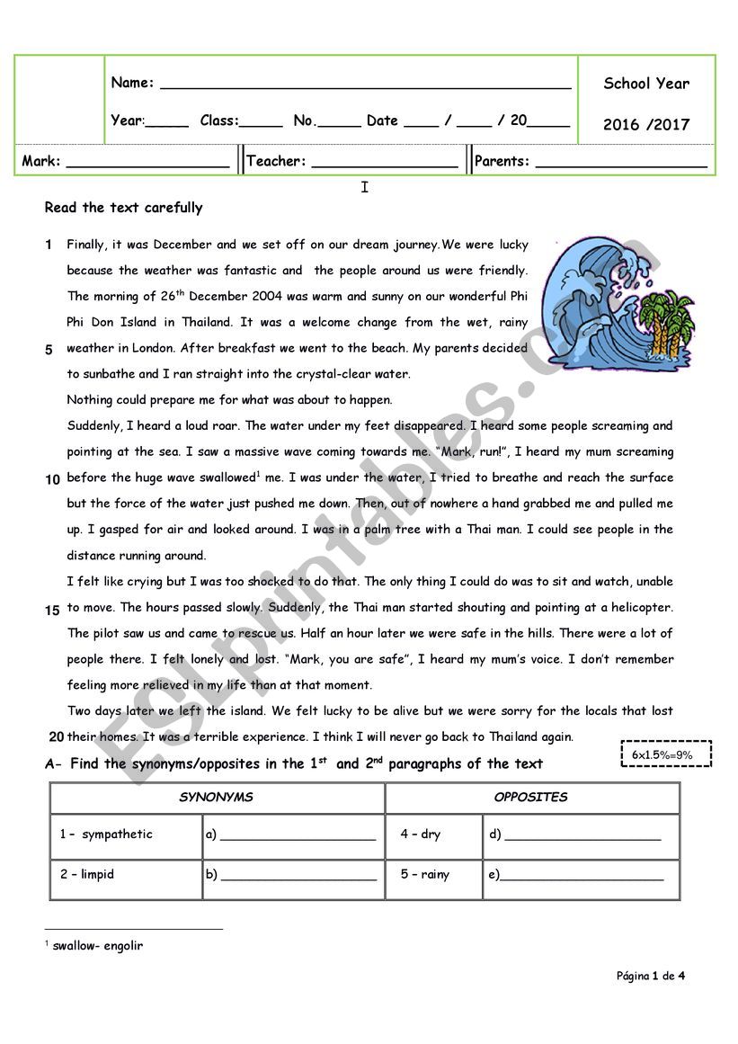 Natural disasters test worksheet