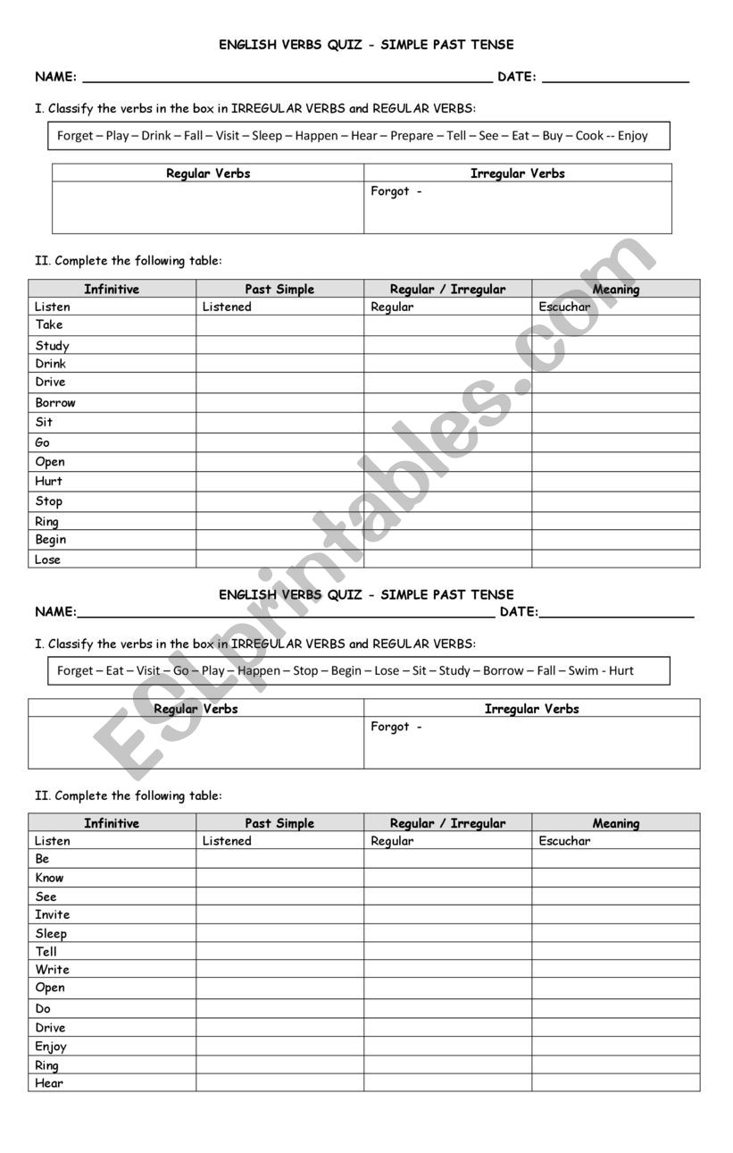 Quiz - Regulars and Irregulars verbs