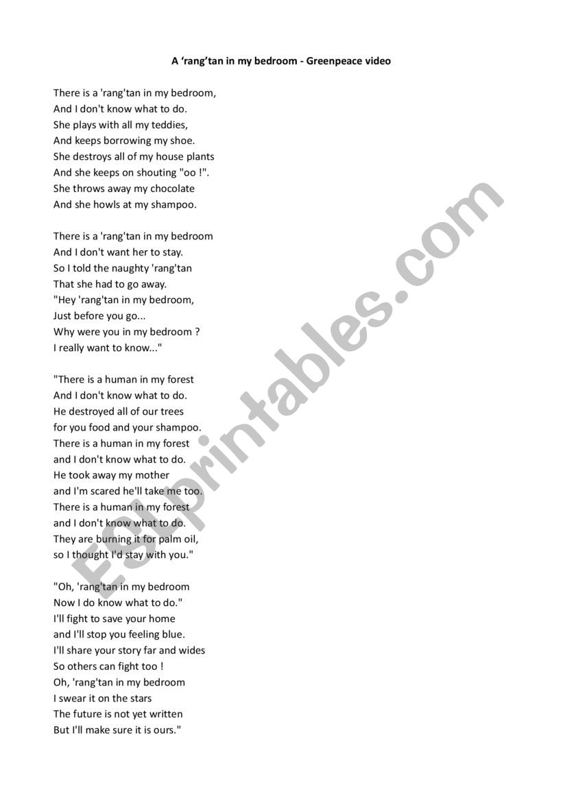 Greenpeace videoÂ´s poem Â´A Â´rangÂ´tan in my bedroomÂ´ - Fill-in-the-blank exercice