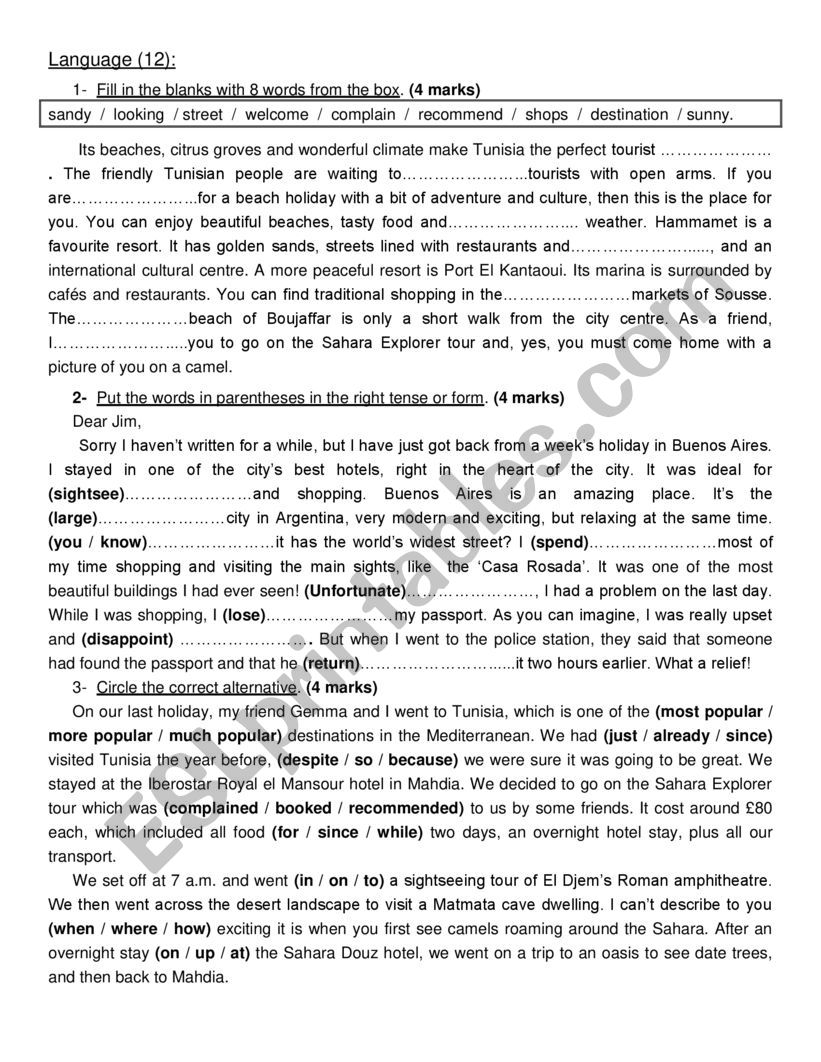 mid term 2 test 3rd form  worksheet