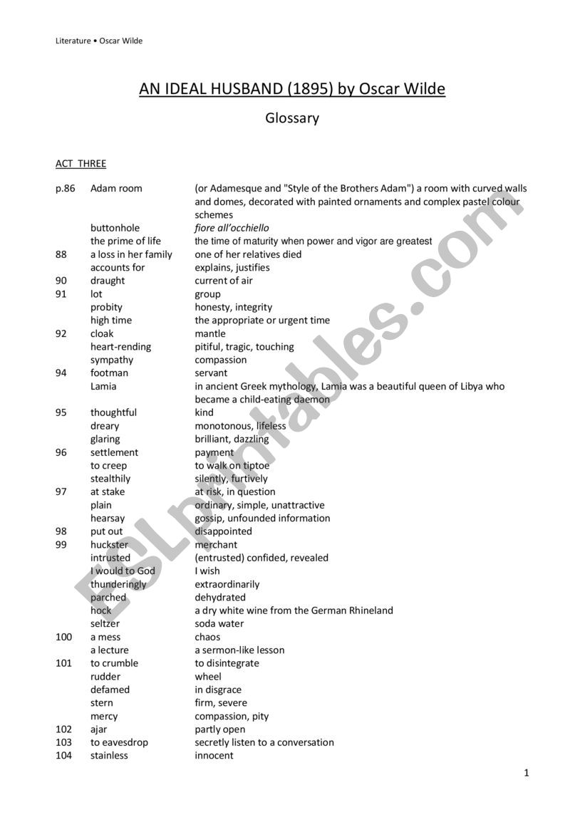 An Ideal Husband glossary Act 3