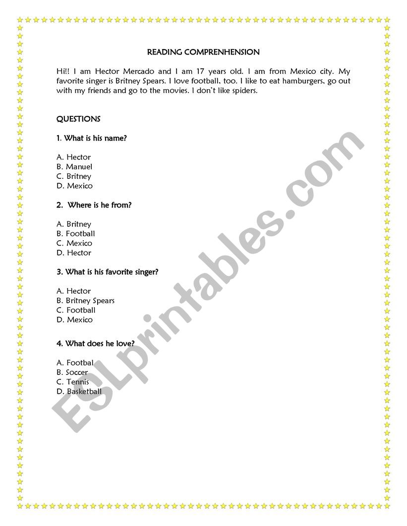 Reading comprehension  worksheet