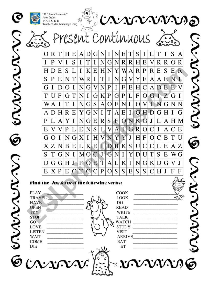 Present Continuous Wordsearch worksheet
