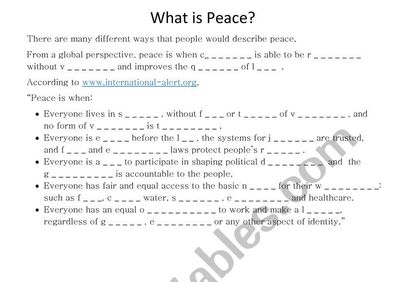 What is peace? /30th JANUARY worksheet