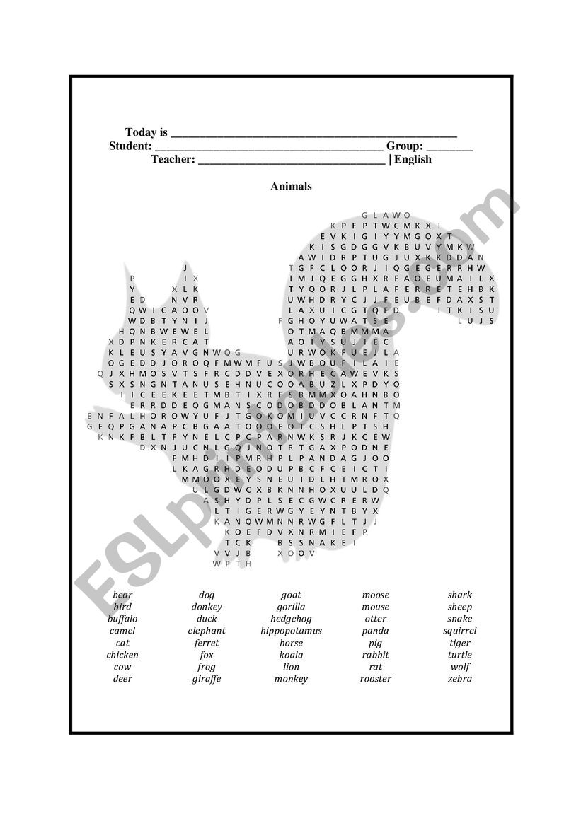 Animals Word search worksheet