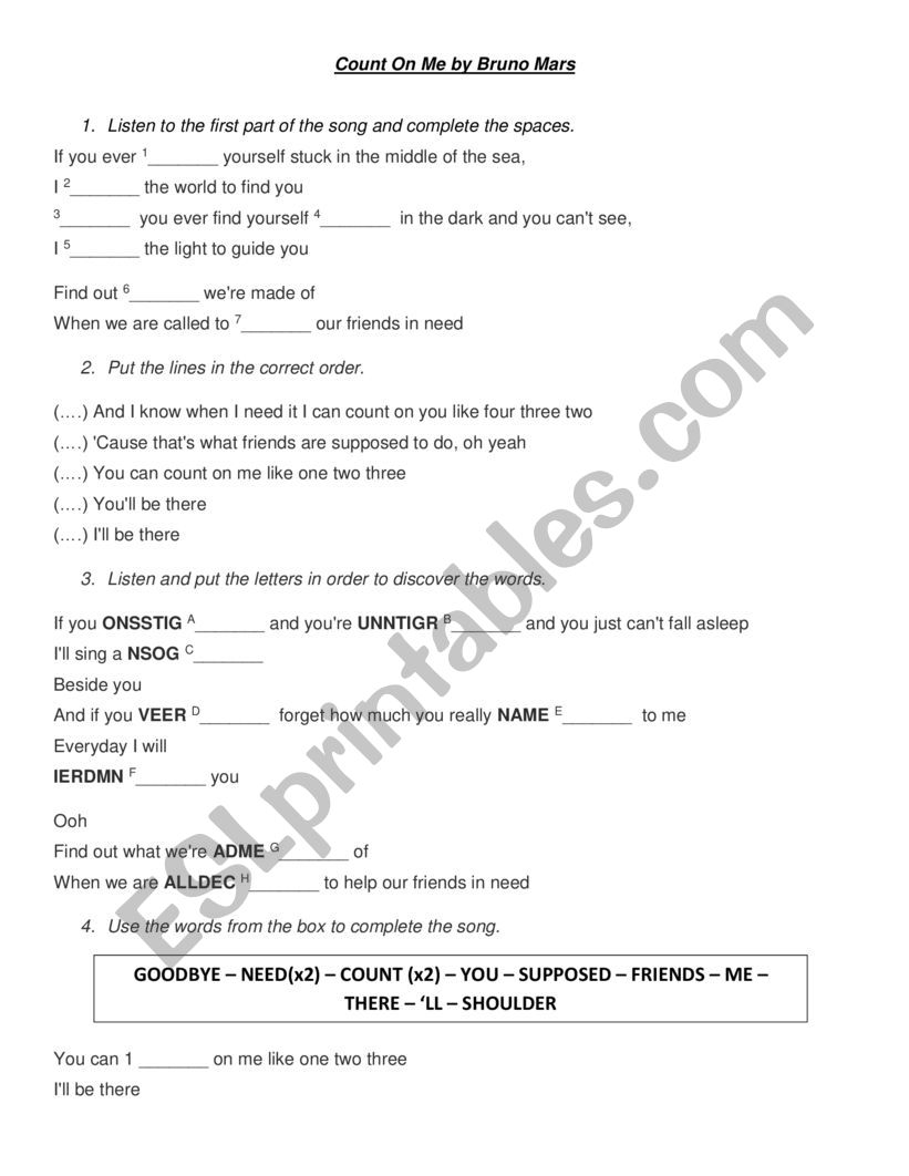 count on me worksheet