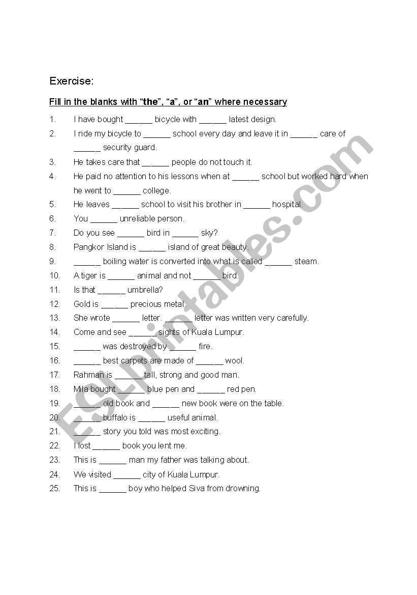 Worksheet on articles worksheet