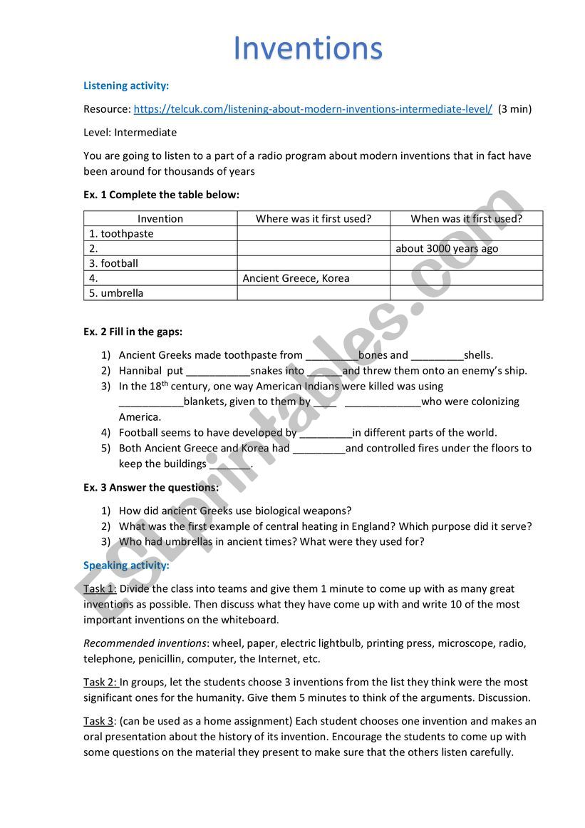 Modern inventions worksheet