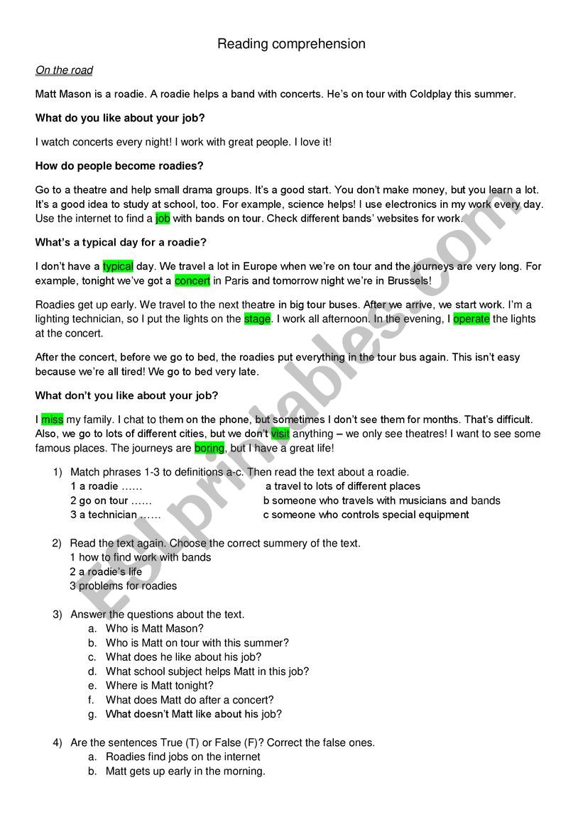 reading comprehension worksheet