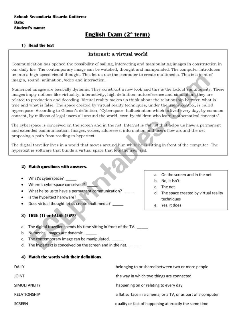 Internet: Avirtual world worksheet