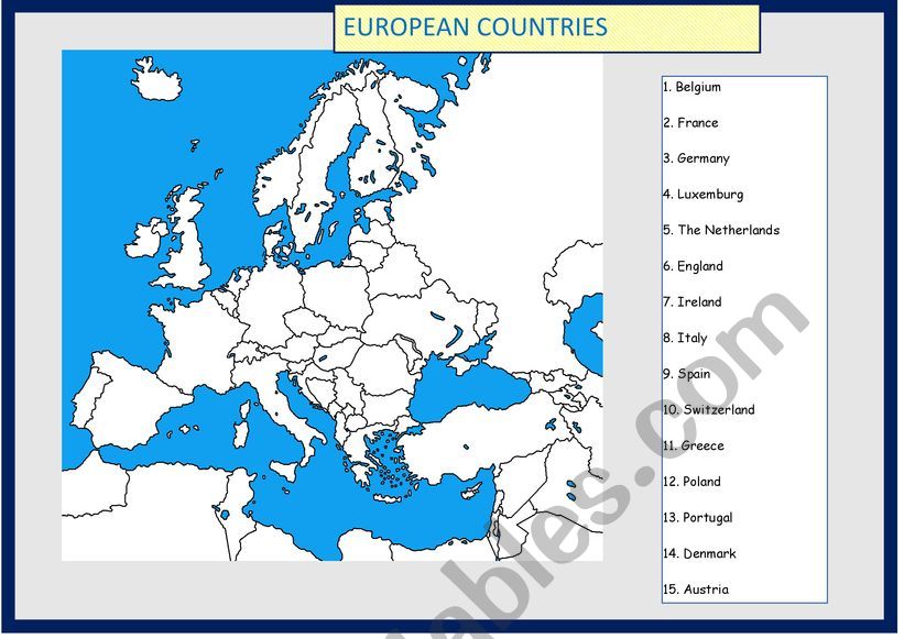 Map of Europe to complete worksheet