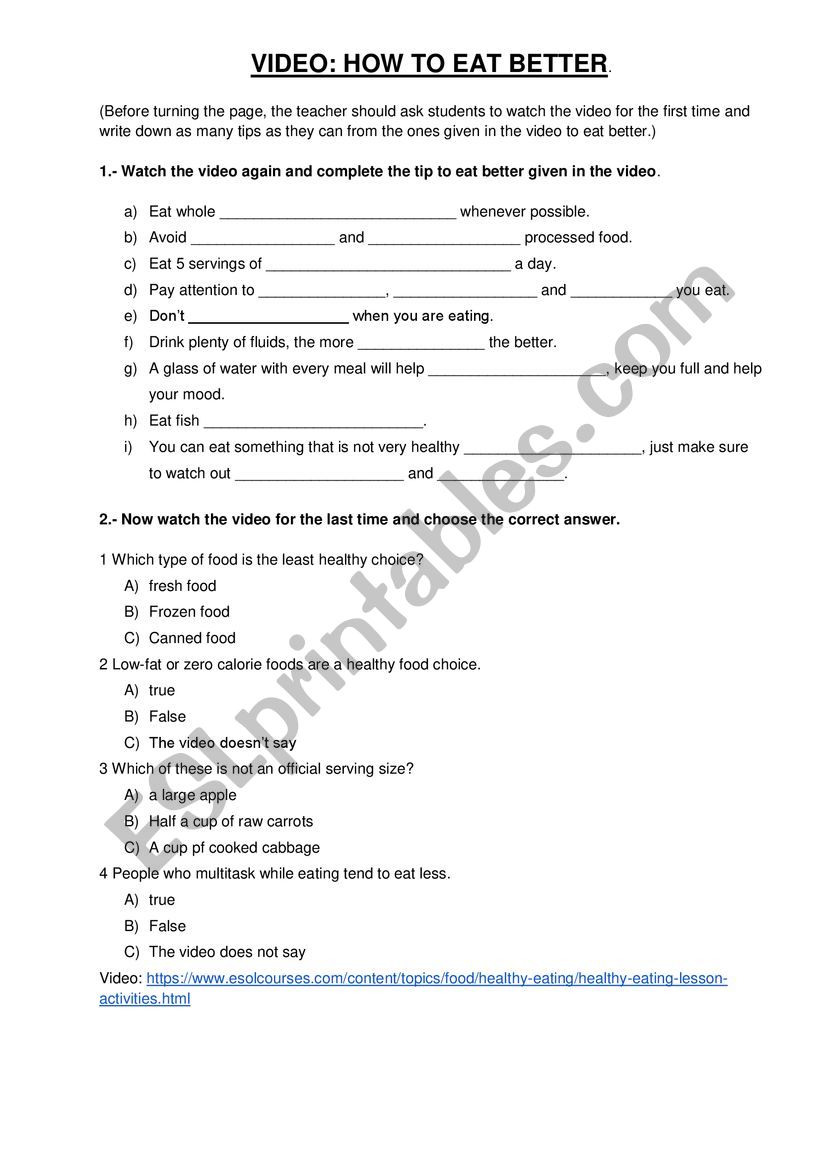 Video - How to eat better worksheet