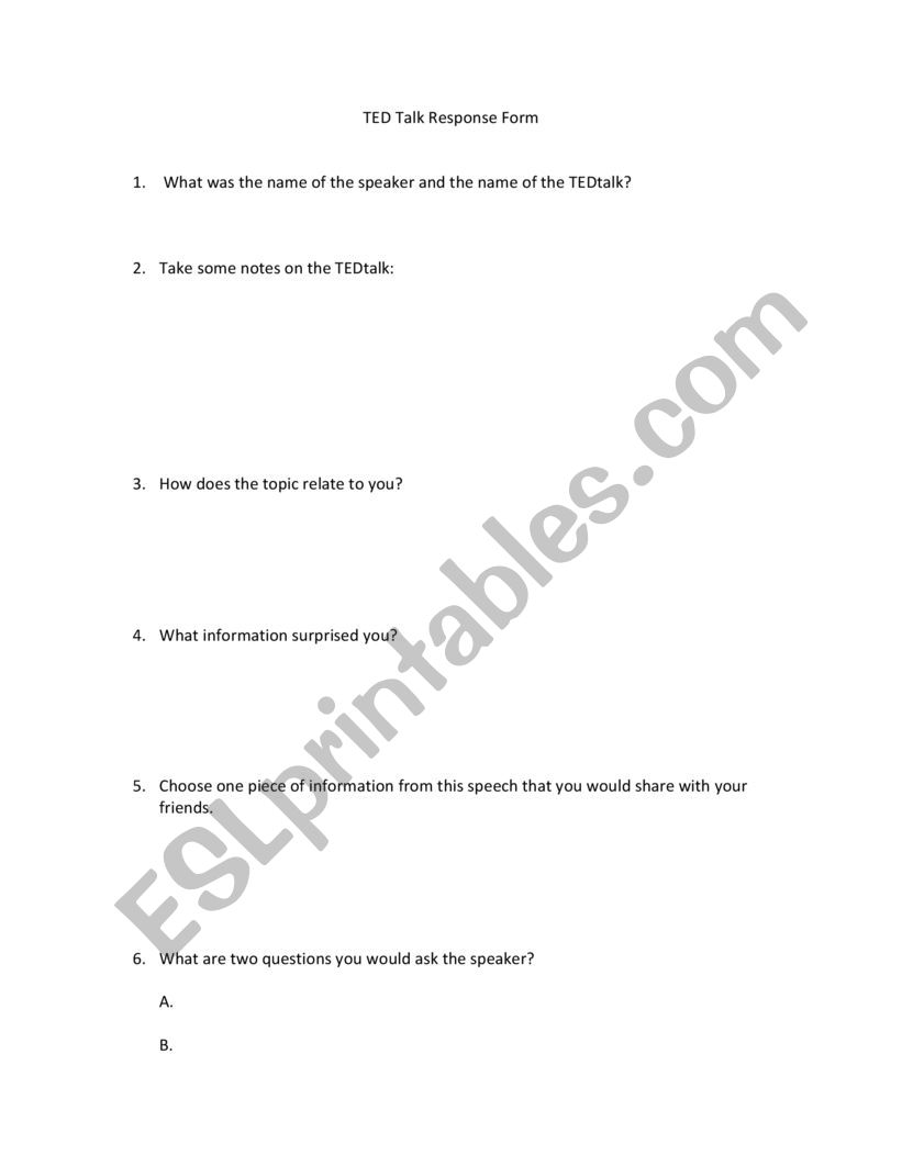 Ted Talk Response - ESL worksheet by juliecas1