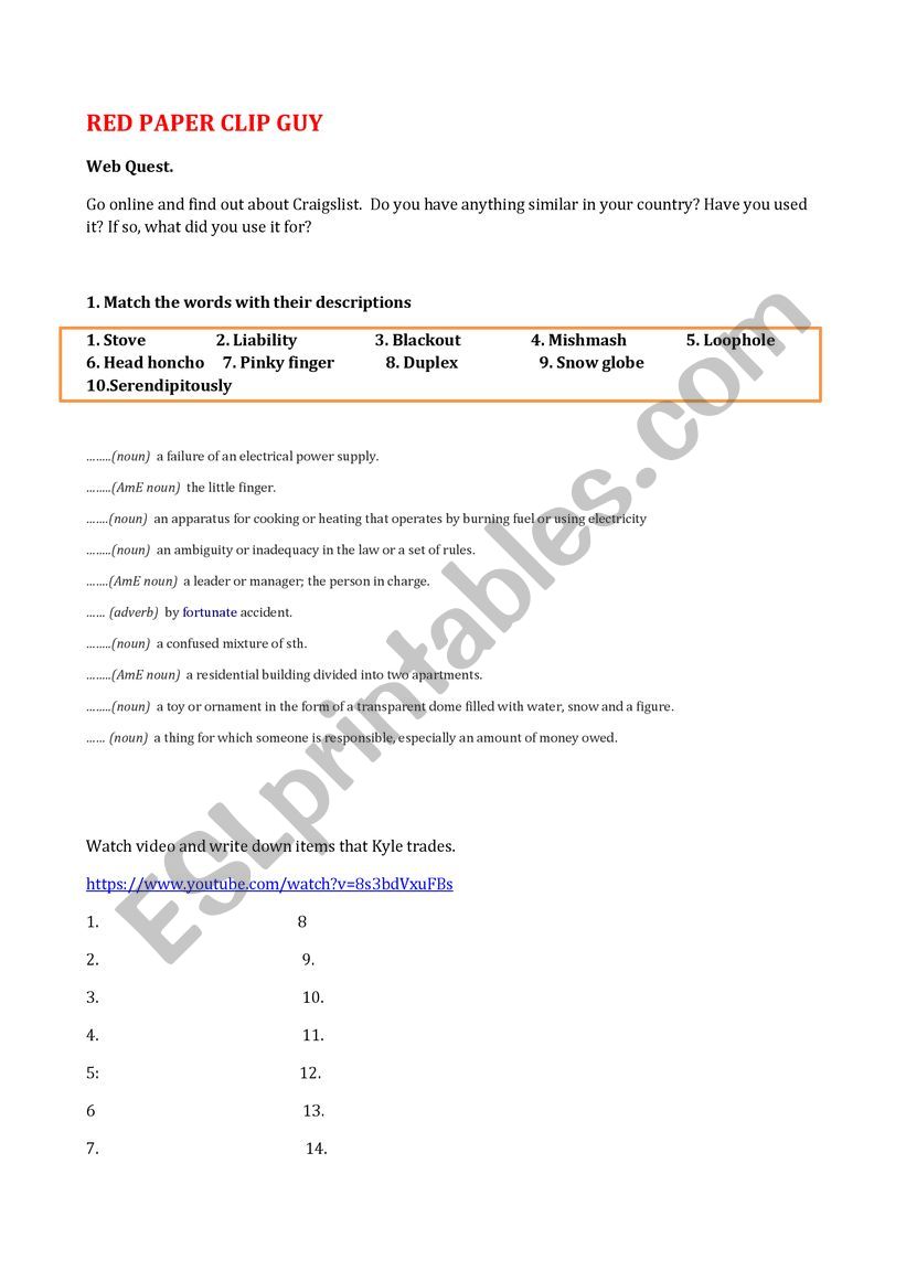 Red Paper Clip Guy worksheet