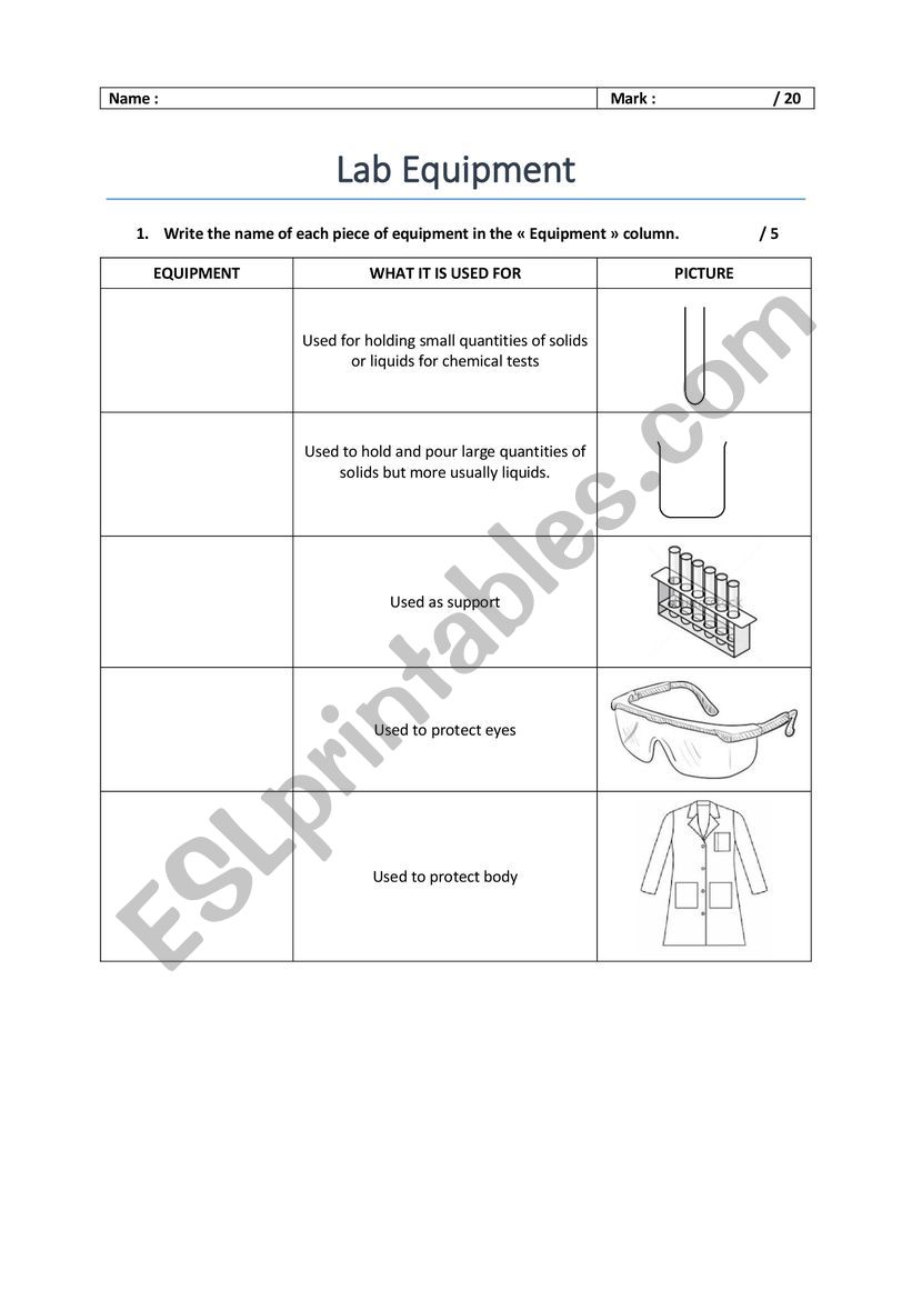 Laboratory Equipment Vocabulary Test