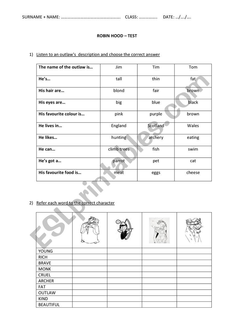 Robin Hood test worksheet