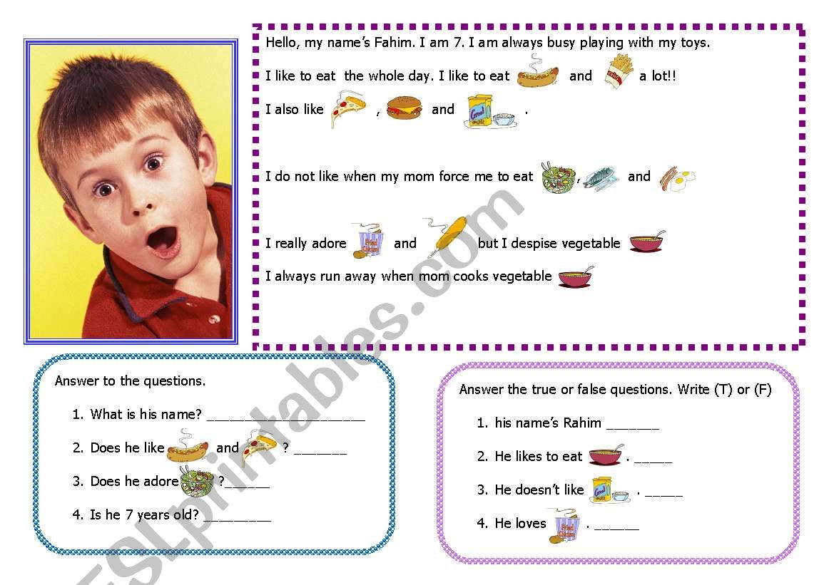 Reading about likes, dislikes, food vocabulary 14-08-08