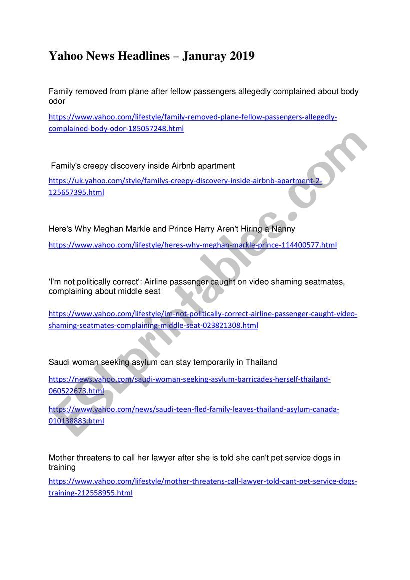Yahoo News Headlines – January 2019. - ESL worksheet by glutenfree