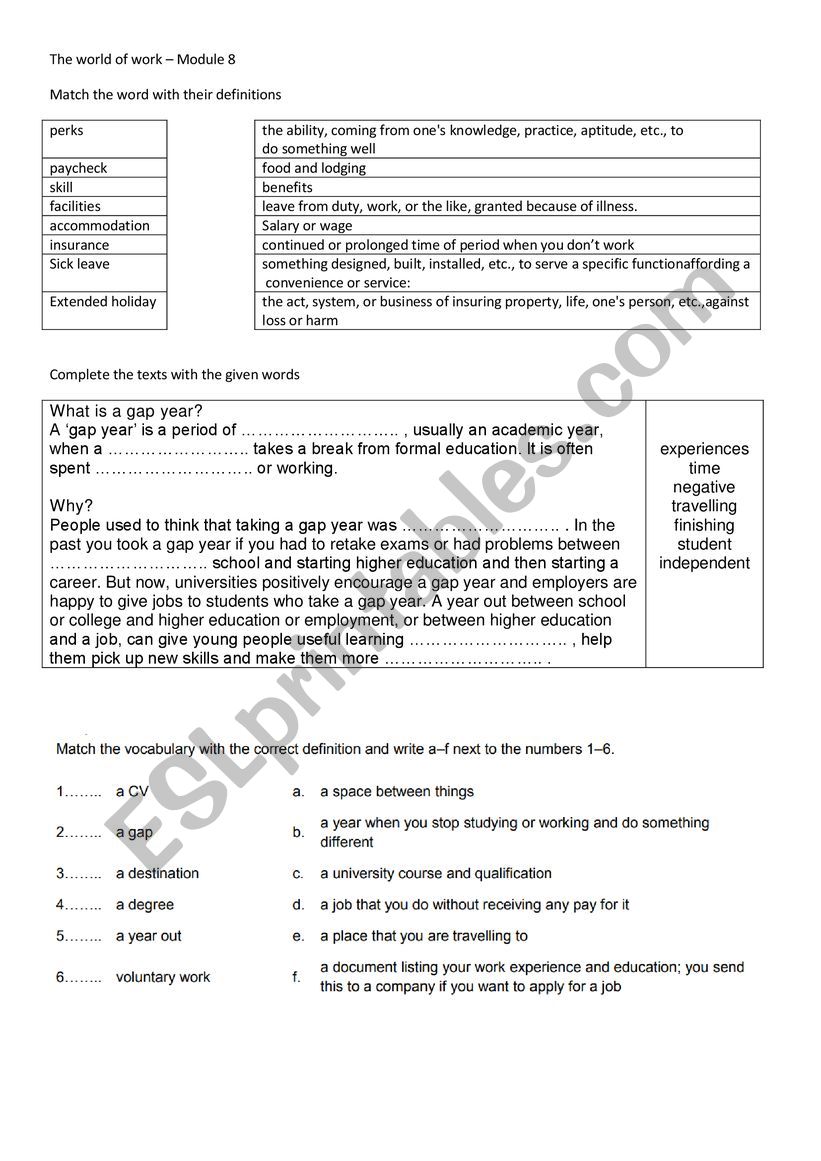 Module 8 - The world of work worksheet