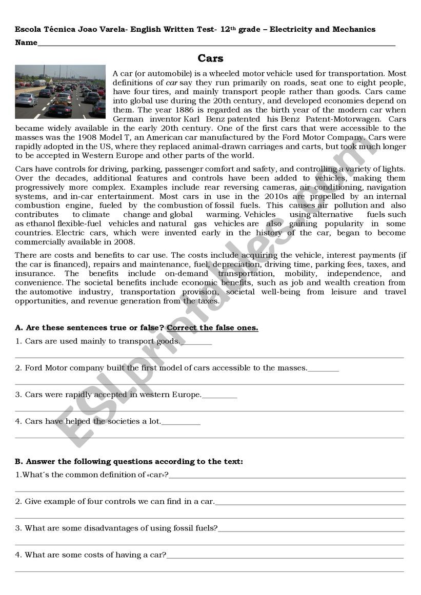 motor cars worksheet