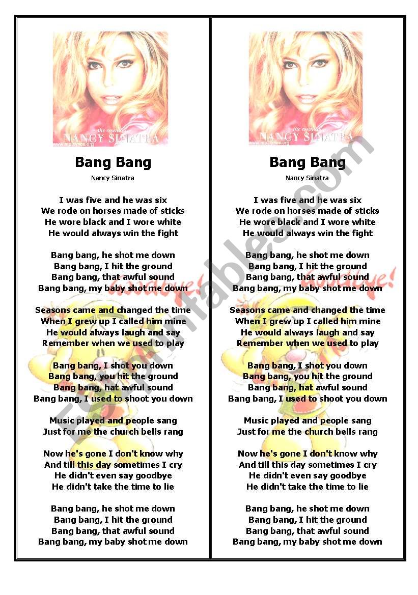 Bang Bang by Nancy Sinatra worksheet