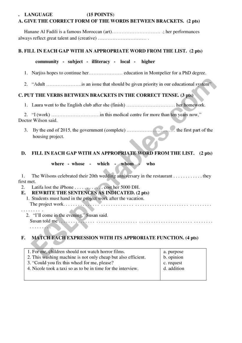 Language worksheet