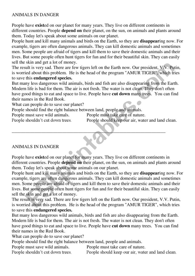 Animals in danger worksheet