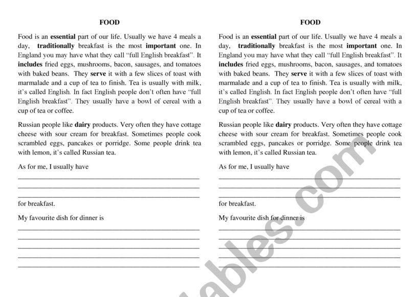 Food worksheet