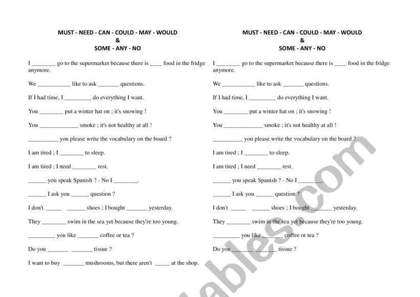 Modals + Some Any No EXERCICE worksheet