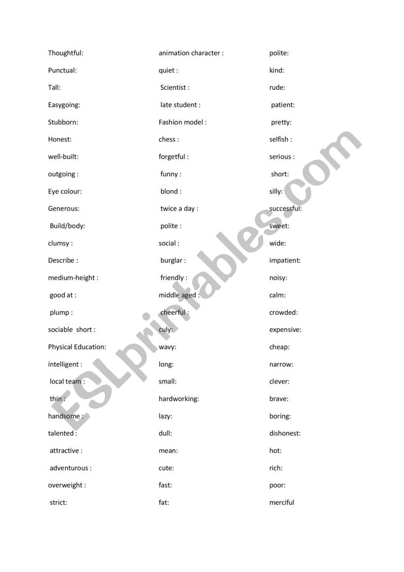 adjectiives worksheet