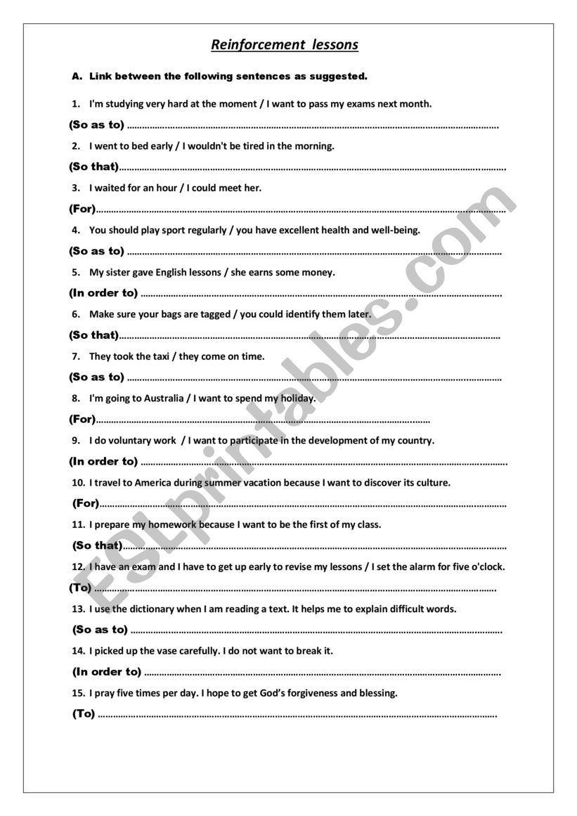 PURPOSE LINKING WORDS worksheet